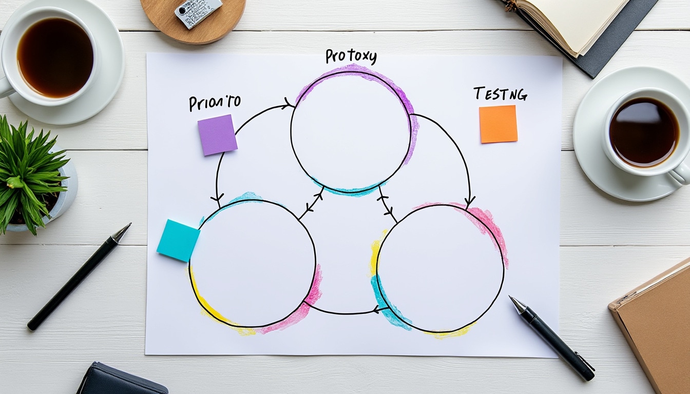 Diagrama visual del ciclo de innovación con tres fases conectadas, diseño limpio sobre fondo claro