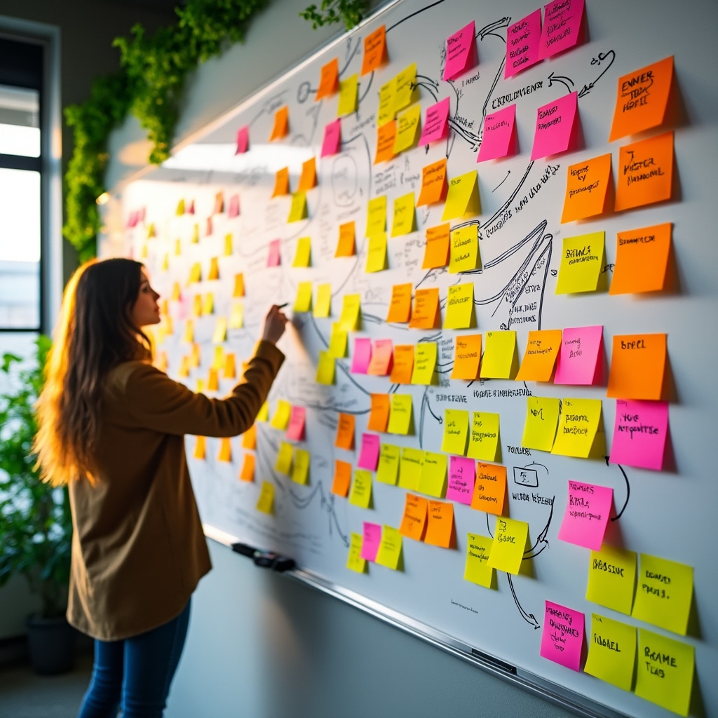 Pizarrón lleno de ideas sin concretar, post-its y flechas sin estructura