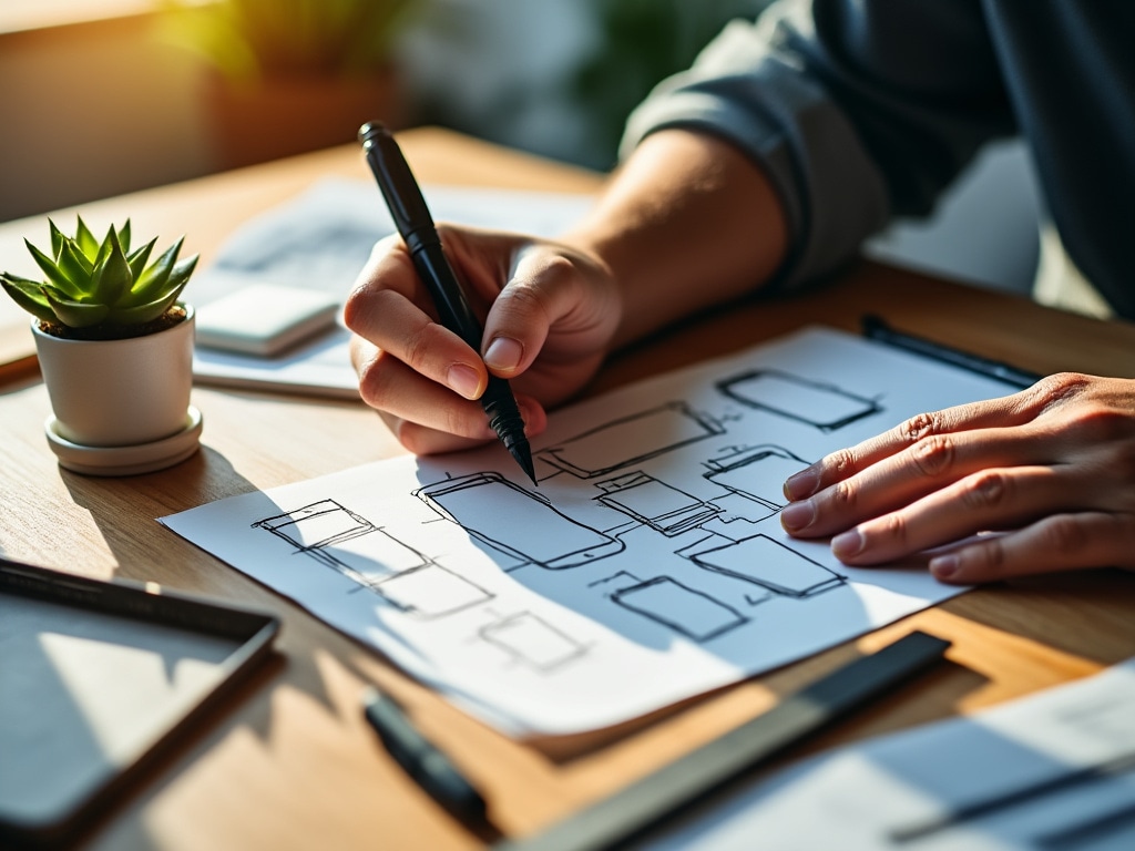 Persona construyendo prototipo de papel de interfaz de app, manos visibles con marcadores y hojas sobre escritorio de madera